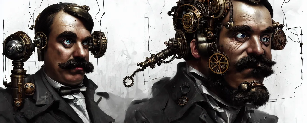 Image similar to duotone dark concept illustration 3 / 4 portrait of friedrich nietzsche as steampunk cyborg with thor hammer smoke all around. highly detailed mechanism cinematic volumetric ghastly lighting. by sachin teng and sergey kolesov and ruan jia and heng z. graffiti art, scifi, fantasy, hyper detailed. octane render. concept art. trending on artstation