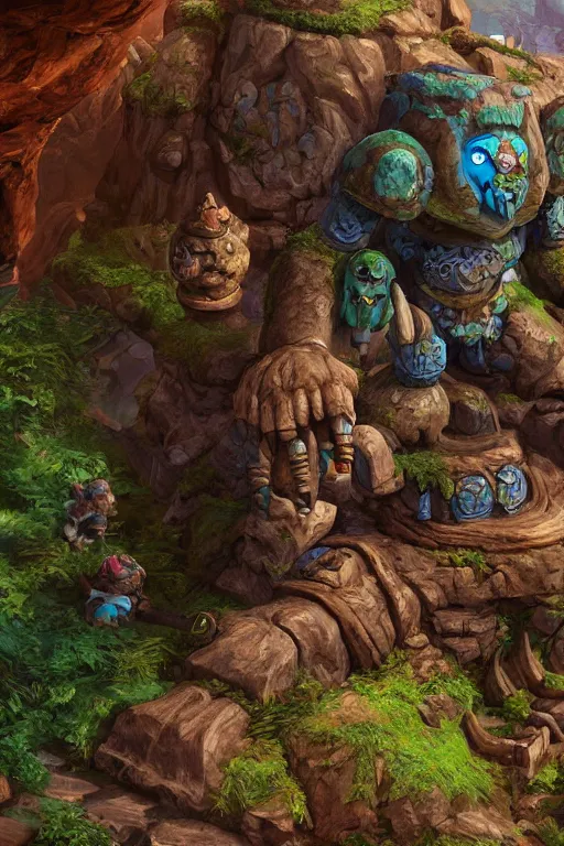 Image similar to zelda fantasy art giant golem troll wood rock greeble gemstone, global illumination ray tracing hdr fanart arstation by sung choi and eric pfeiffer and gabriel garza and casper konefal