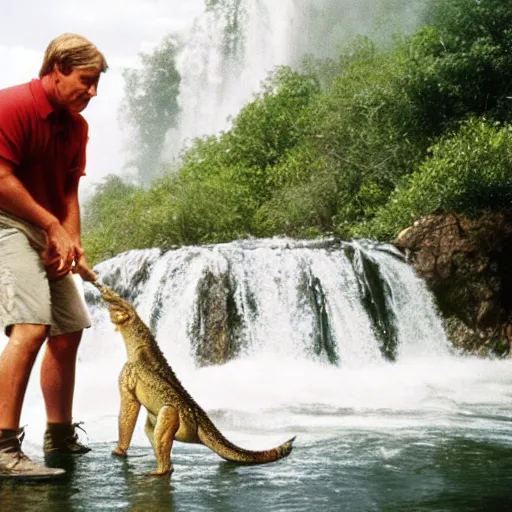 Image similar to steve irwin playing with dingo and crocodile in front of waterfall, epic detailed cinematic award winning profile photography 8 k