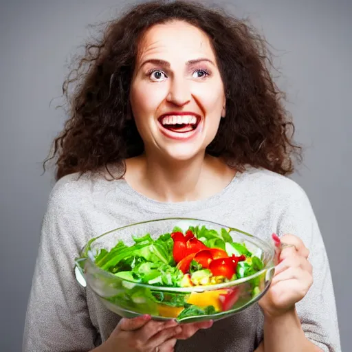 Image similar to happy woman eating salad, stock photograph, studio lighting, 4k