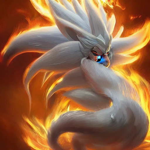 Prompt: pokemon ninetails of fire, artstation greg rutkowski, cinematic, hyperrealist, digital art