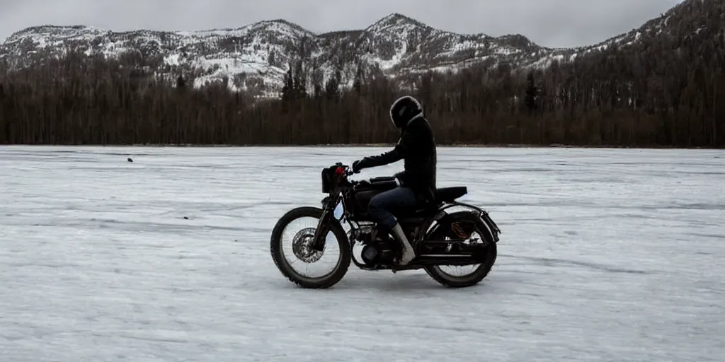 Image similar to motorcycle driving on an icy lake during winter, night time, far away