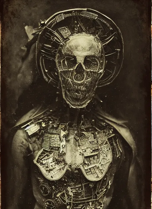 Image similar to old wetplate daguerreotype half man, half demon, explosion of data fragments, fractal, intricate, elegant, highly detailed, parallax, leica, medium format, subsurface scattering, by jheronimus bosch and greg rutkowski and louis jacques mande daguerre