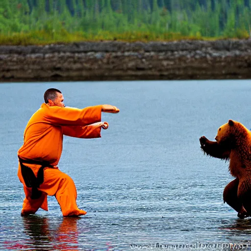 Prompt: kodiak bears kung - fu fighting on a lakefront using salmon as weapons, in the style of the flintstones, hanna - barbera.