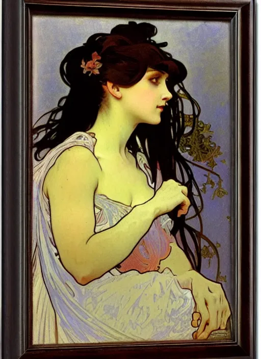 Prompt: a portrait of a pretty young lady by alphonse mucha