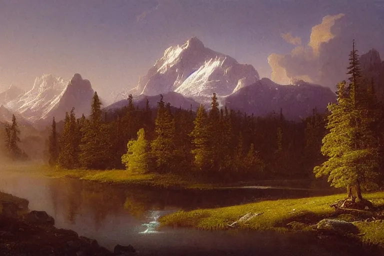 Prompt: an epic landscape painting of the three sisters mountains in canada, with snow on its peak, at sunrise in springtime, with a small river in the foreground, painted by albert bierstadt, atmospheric, volumetric lighting, rolling fog, breathtaking, highly detailed