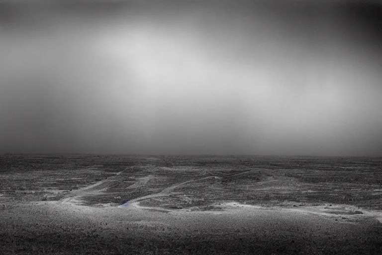 Prompt: ansel adams. fujifilm 5 0 - 1 4 0 mm f 2. 8 long - exposure photographs that convey ominous and calm spooky. dust bowl blues incoming dust storm