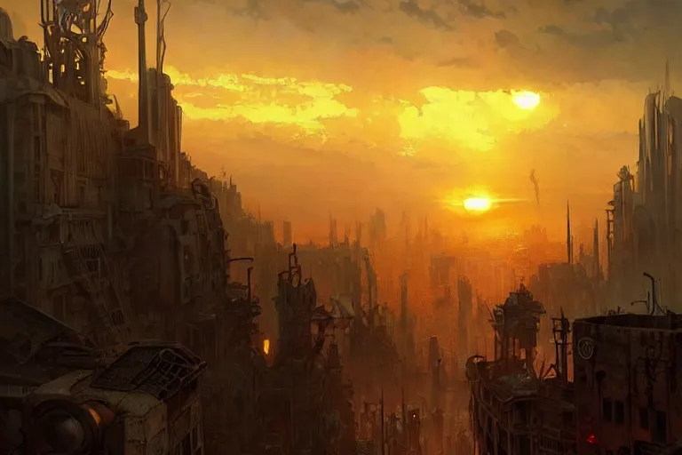 Prompt: sunset over a post apocalyptic city, fantasy, abstract, elegant, dramatic lighting, digital painting, artstation, concept art, smooth, illustration, art by john collier and albert aublet and krenz cushart and artem demura and alphonse mucha