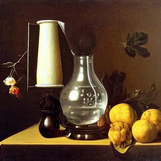 Image similar to gravity bong in still life. dutch masters, 1 8 th century. oil on canvas