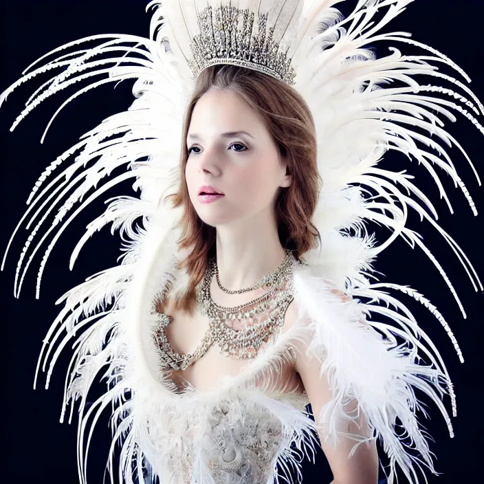 Image similar to photo portrait of a beautiful woman like a queen-feathers-angel, dressed in long elegant intricate ornamental roots white dress, natural skin tone, intricate mandelbrot fractal highly detailed feathers ornament in the upper side of breast, bust with a very long neck , hair are wired feathers, elegant, highly detailed intricate feathers ornament in her long hair, Realistic, Refined, Highly Detailed, natural outfoor lighting colors scheme, fine art photography by Lindsay Adler, volumetric lighting, hyper realistic photography, 8k
