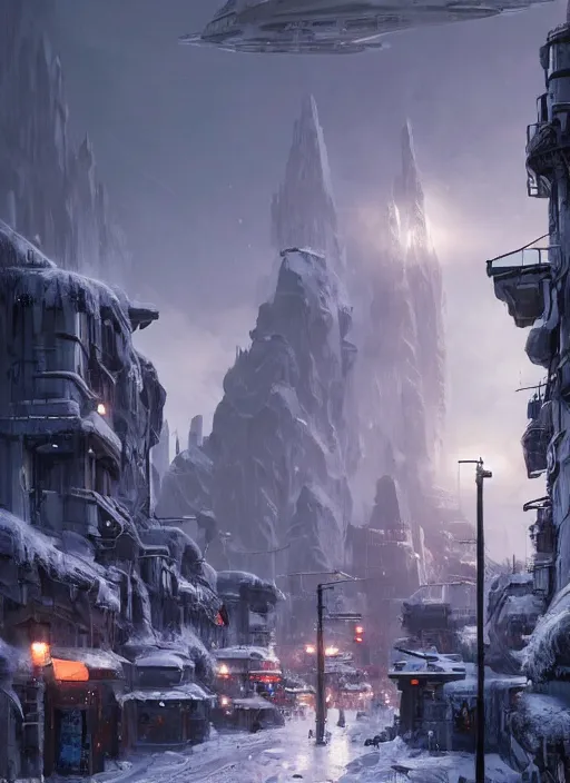 Image similar to portrait, snowy star wars futuristic river town. Dramatic lighting, cinematic, establishing shot, extremely high detail, photo realistic, post processed, artstation, matte painting, style by eddie mendoza, raphael lacoste, alex ross