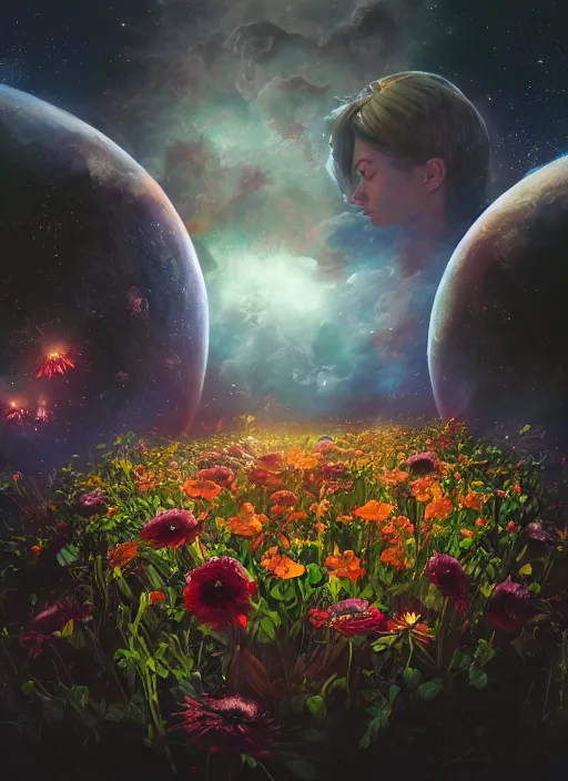 Image similar to An epic fantastic realism comic book style painting of the most beautiful entwined flowers launched across the dark galactic night sky, nebulous bouquets, fisheye lens, unreal 5, DAZ, hyperrealistic, octane render, dynamic lighting