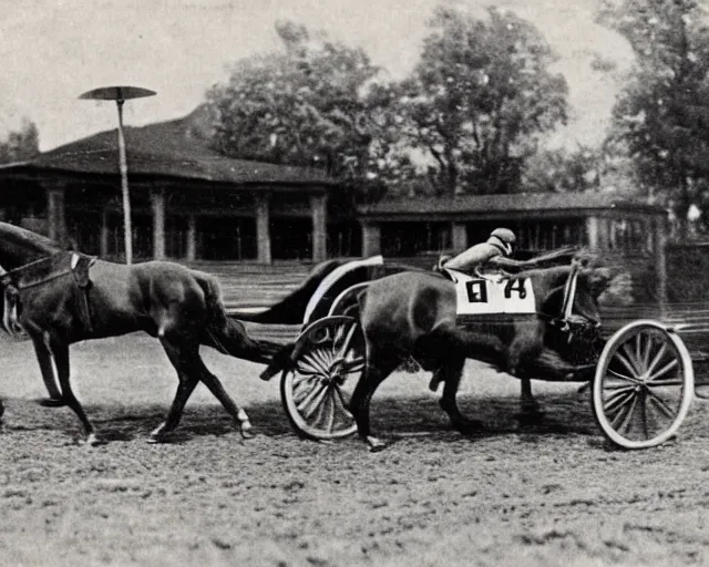 Image similar to a photo from the early 1900s of a horse racing an antique electric car