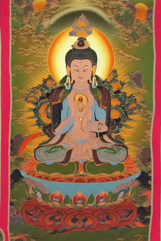 Prompt: The thangka is of Green Tara, a female Bodhisattva in Mahayana Buddhism. She is shown seated in lalitasana on a lotus pedestal, with her right leg extended and her left leg drawn in. She has a serene and serene expression, and her body is adorned with jewelry and a flowing garment. Her right hand is in the abhaya mudra, while her left hand holds a lotus blossom. Her green skin symbolizes her name, and her color is also associated with the element of wind.