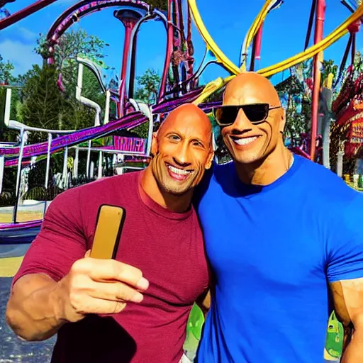 Image similar to dwayne Johnson and jerma985 selfie photograph at amusement park