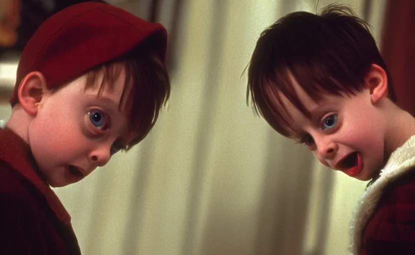 Image similar to Kieran Culkin as Kevin McCallister in 'Home Alone 2' (1992), movie still frame, oscar nominated cinematography, volumetric lighting, 8k resolution, beautiful composition