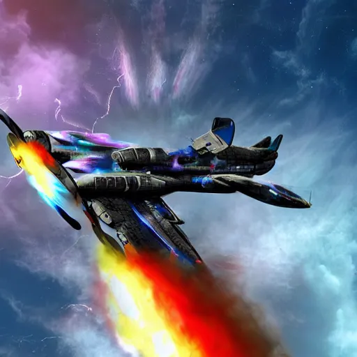 Prompt: photo, a futuristic space fighter modeled after a spitfire plane, flying through colorful clouds of smoke inside an intense space battle