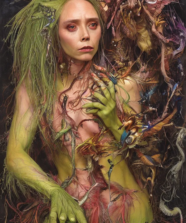 Prompt: a portrait photograph of a mutated harpy super villian with slimy skin and feathers. she looks like elizabeth olsen and is meditating in a colorful infected bulbous shiny organic catsuit. by donato giancola, hans holbein, walton ford, gaston bussiere, peter mohrbacher and brian froud. 8 k, cgsociety, fashion editorial