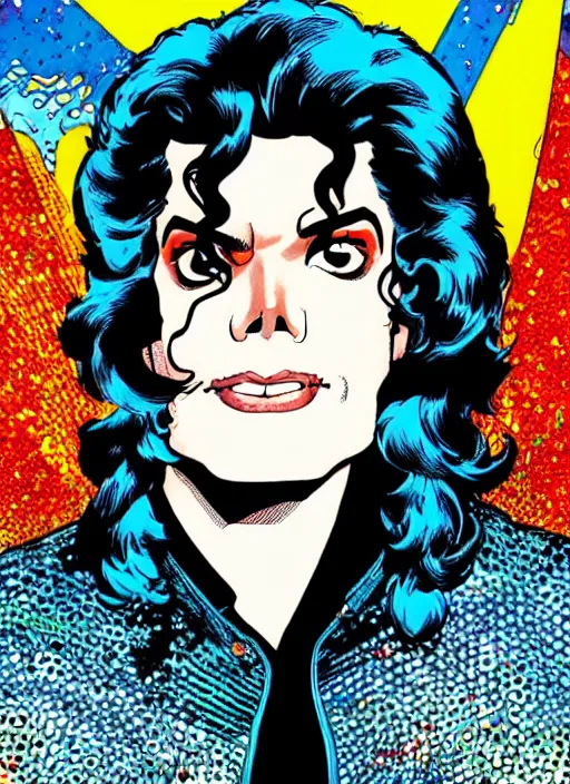 Image similar to dynamic macro head portrait of beautifu michael jackson super hero in white sequined jacket by cory walker and ryan ottley and jack kirby and barry windsor - smith, comic, illustration, photo real