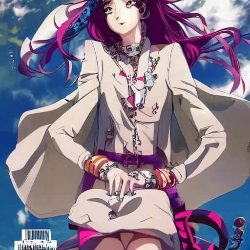 Image similar to Magazine Cover Anime key visual of a Gucci girl; official media; typography; drawn by Hirohiko Araki; Jojo's Bizarre Adventure; Jojolion, portrait, made by Stanley Artgerm Lau, WLOP, Rossdraws, James Jean, Andrei Riabovitchev, Marc Simonetti, Yoshitaka Amano, ArtStation