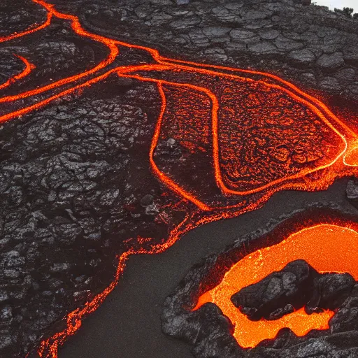 Prompt: a man standing over a lake of lava, cinematic overhead shot, dim afternoon lighting