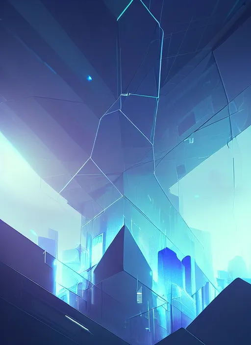 Image similar to abstract data center server, business technology blurred polygonal geometric space, hi tech digital interior, cinematic view, epic sky, detailed, concept art, low angle, high detail, warm lighting, volumetric, godrays, vivid, beautiful, trending on artstation, by jordan grimmer, huge scene, art greg rutkowski