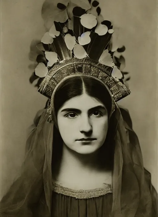 Image similar to portrait of young woman in renaissance dress and renaissance headdress, art by tina modotti