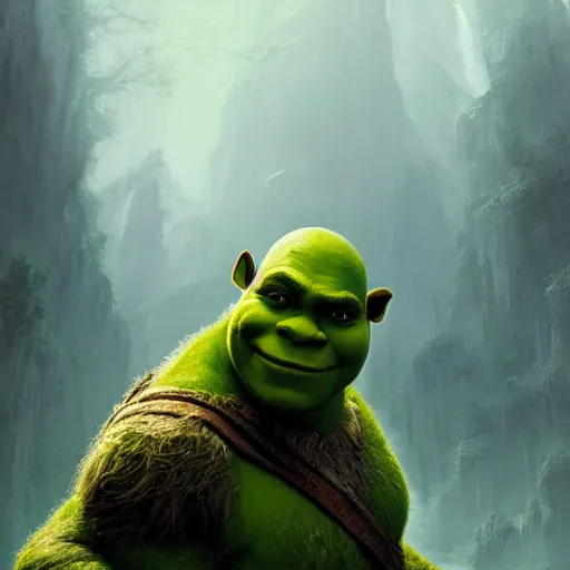 Image similar to portrait of Shrek, amazing splashscreen artwork, splash art, head slightly tilted, natural light, elegant, intricate, fantasy, atmospheric lighting, cinematic, matte painting, by Greg rutkowski