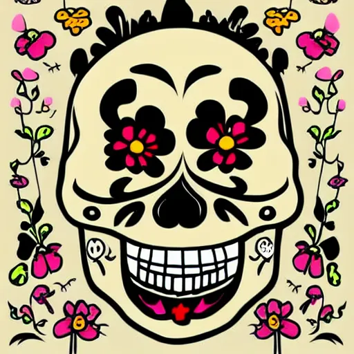 Image similar to cute cartoon drawing of a mexican skull, dia de los muertos, big head, big eyes, skull head, vector illustration, style of disney animation