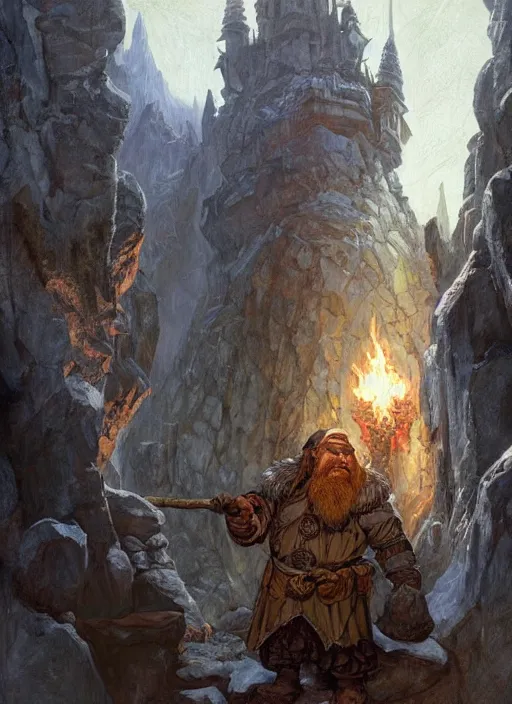 Image similar to Hulgen the dwarf. A humble dwarven stone mason completes the great gate of moria. Fantasy concept art. Moody Epic painting by James Gurney, and Alphonso Mucha. ArtstationHQ. painting with Vivid color. (Dragon age, witcher 3, lotr)