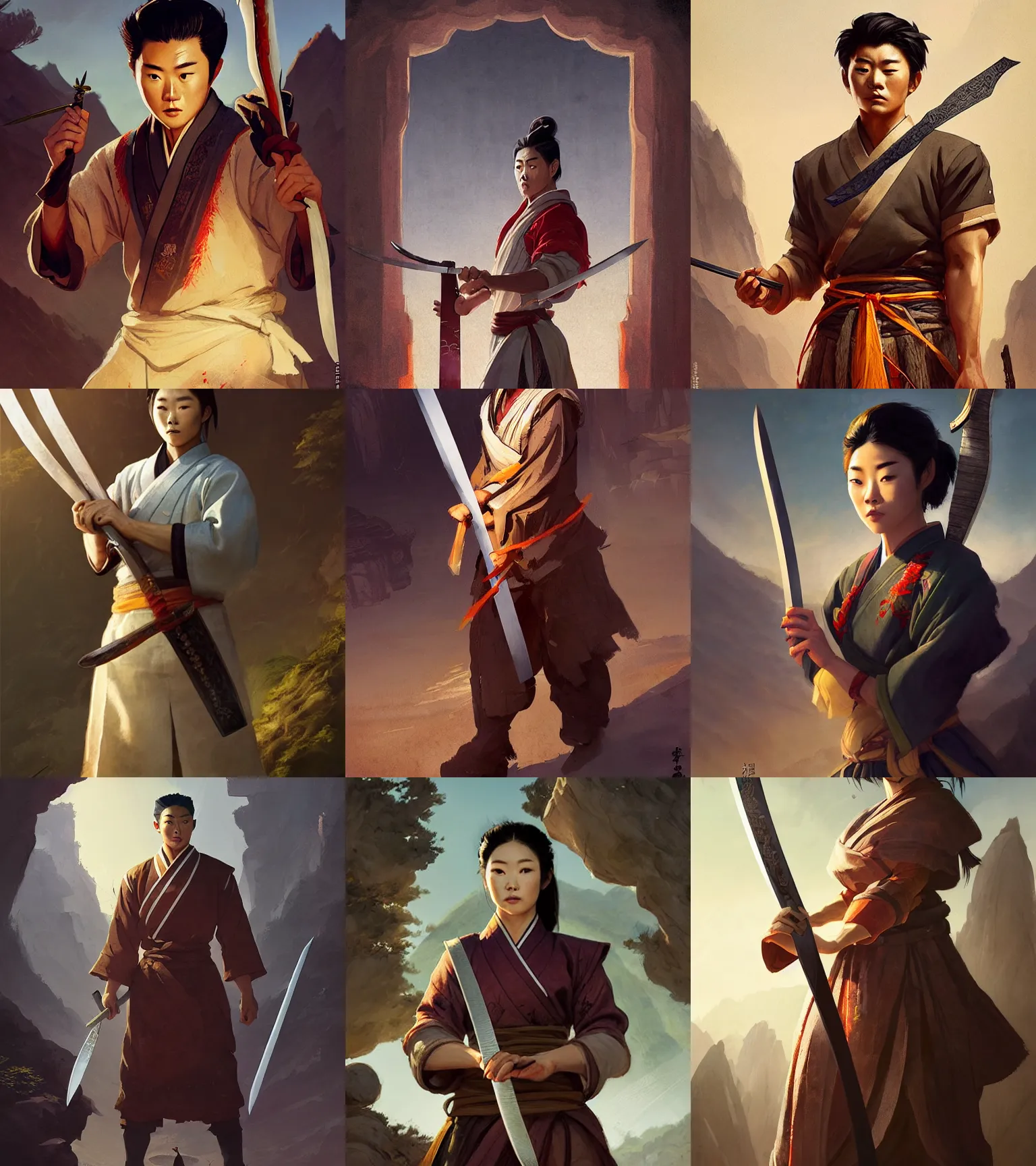 Prompt: a portrait of arden cho chef character holding a thin korean sword in a scenic korean city environment by marco bucci and greg rutkowski and frank frazetta, sharp focus, detailed, cinematic, hanbok