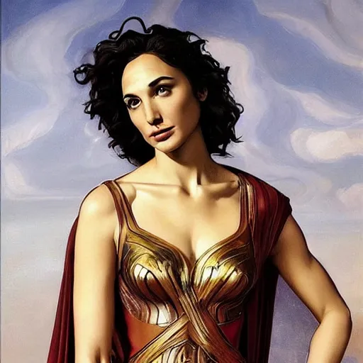 Image similar to Full body oil painting of the beautiful woman Gal Gadot, she is wearing some withe ancient roman cloths and a surreal ornate, her hair is natural disheveled, she is approaching heaven, people are claiming for her, she is attracting lightnings, naturalism, dramatic lighting, high-detailed oil painting by Ilya Repin, Michelangelo da Caravaggio, William Blake, Alex Grey and Beksinski, trending on Artsatio, hystorical painting, masterpiece, 4k, 8k,