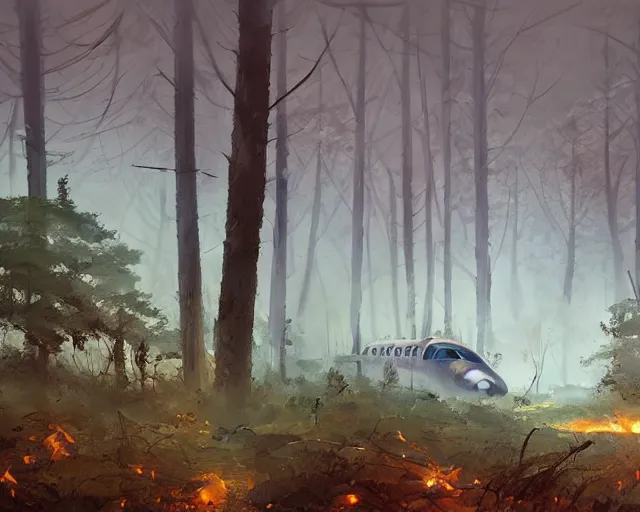 Image similar to a crashed airplane in a forest, smoke, smog, cloudy air, and fire. Forest swamp. Atmospheric lighting By Makoto Shinkai, Stanley Artgerm Lau, WLOP, Rossdraws, James Jean, Andrei Riabovitchev, Marc Simonetti, krenz cushart, Sakimichan, trending on ArtStation, digital art.