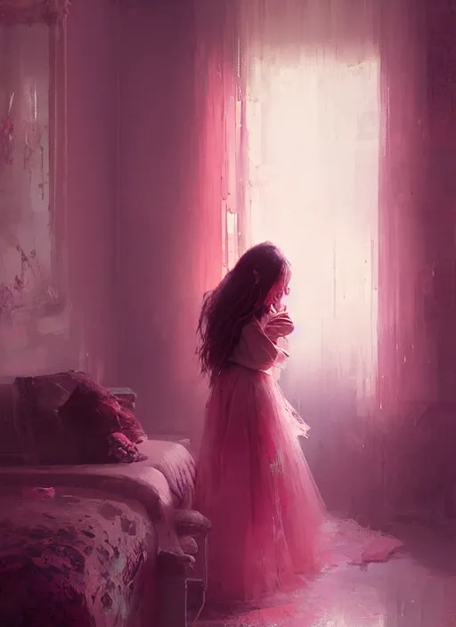 Image similar to portrait of a beautiful girl in her bedroom, shades of pink, beautiful face, rule of thirds, intricate outfit, spotlight, by greg rutkowski, by jeremy mann, digital painting