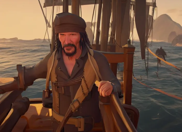 Image similar to Keanu reeves in the role of pirate in the Sea of Thieves, on the ship in the sea, At the helm, game screenshot, octave render, epic light