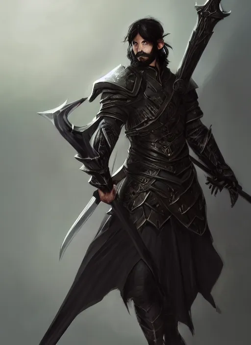 Prompt: Half-body portrait of an elven warrior with black hair and black facial hair in black armour holding a purple sword. In style of Hyung-tae Kim and Greg Rutkowski, concept art, trending on ArtStation, Korean MMORPG, over-detailed art, 4K, epic, dynamic lightning, dramatic pose.
