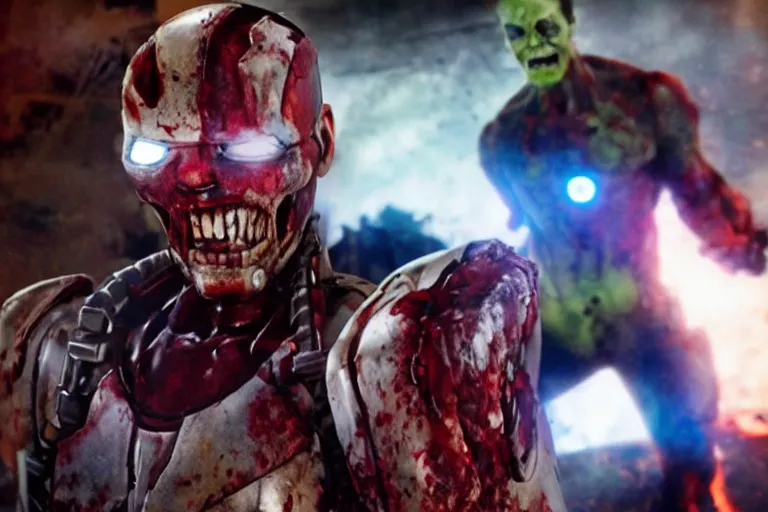 Image similar to film still of zombie zombie Tony Stark as a zombie in new avengers movie, 4k