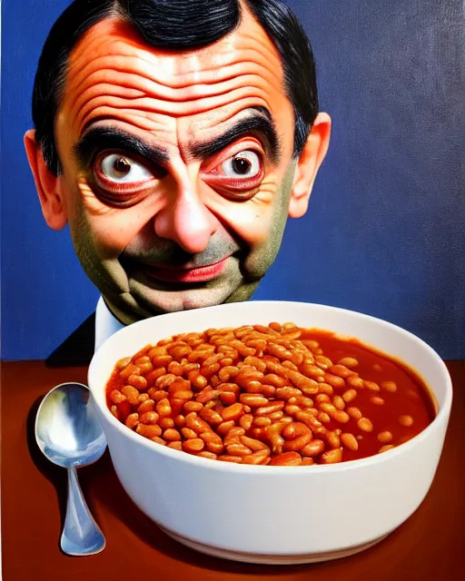 Prompt: portrait of mr bean's face in a bowl full of baked beans, head fully covered in beans and tomato sauce, beans on his eyes, tomato sauce on his skin, rowan atkinson, muted colors, surrealist oil painting, highly detailed