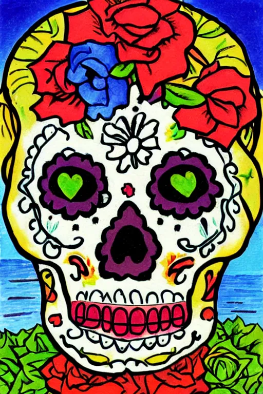 Prompt: Illustration of a sugar skull day of the dead girl, art by henry moret