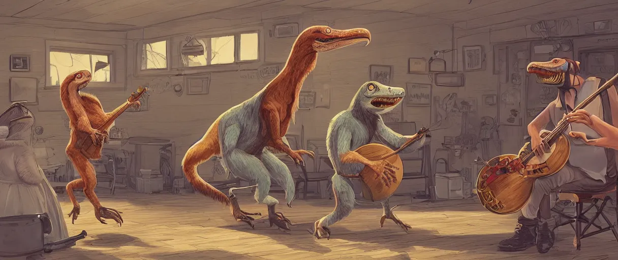 Prompt: a beautiful illustration of an anthropomorphic bearded velociraptor playing a banjo at a square dance | graphic novel:.3 | unreal engine:.6