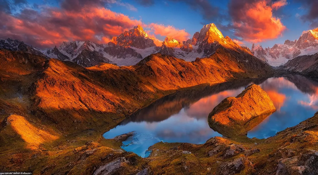 Image similar to amazing landscape photo of mountains with lake in sunset by marc adamus, beautiful dramatic lighting