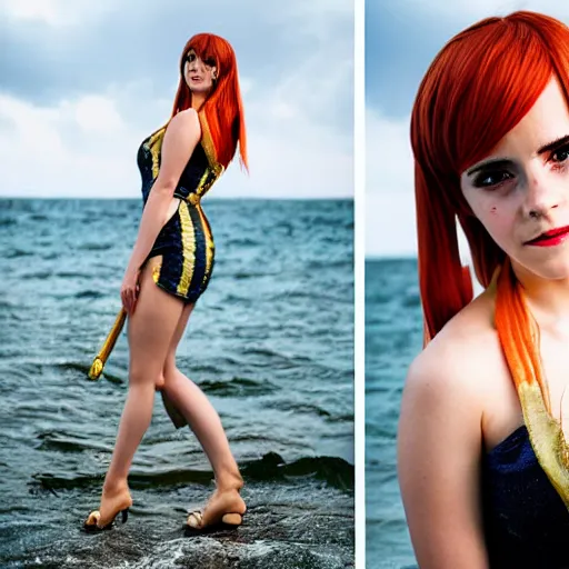 Image similar to a full body photo of emma watson as nami from one piece, award winning photography, 50 mm.