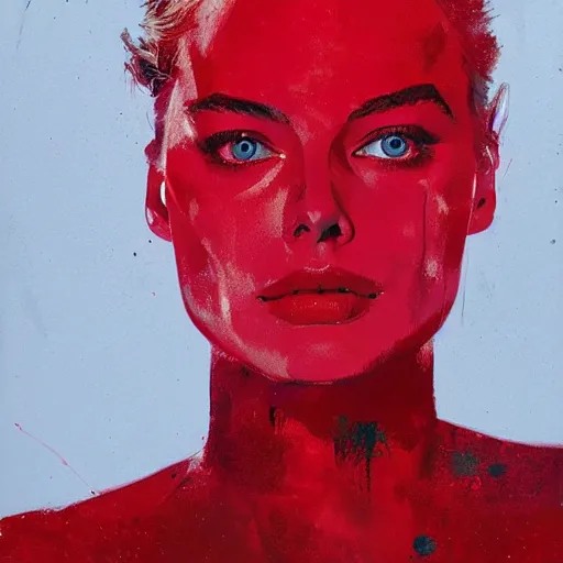 Prompt: full body portrait of margot robbie in the shape of red paint, artwork by guy denning and charlie bowater,