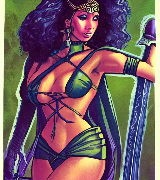Prompt: 1 9 8 0 s fantasy novel book cover, nicki minaj in extremely tight bikini armor wielding a cartoonishly large sword, exaggerated body features, dark and smoky background, low quality print