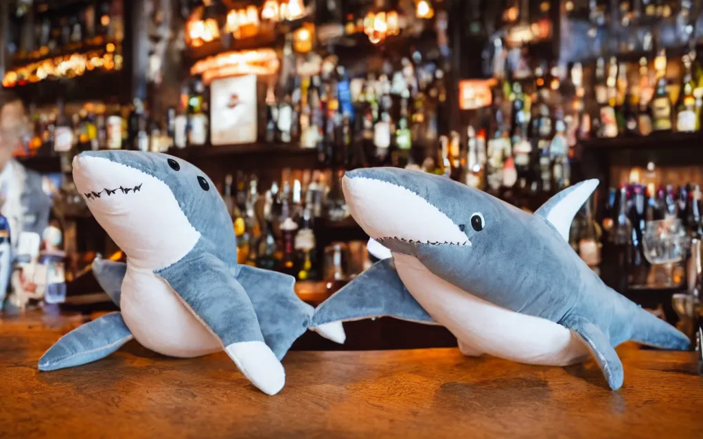 Image similar to Shark plush ordering a beer at a bar, stuffed toy, fish, dim lighting, 50mm, depth of field