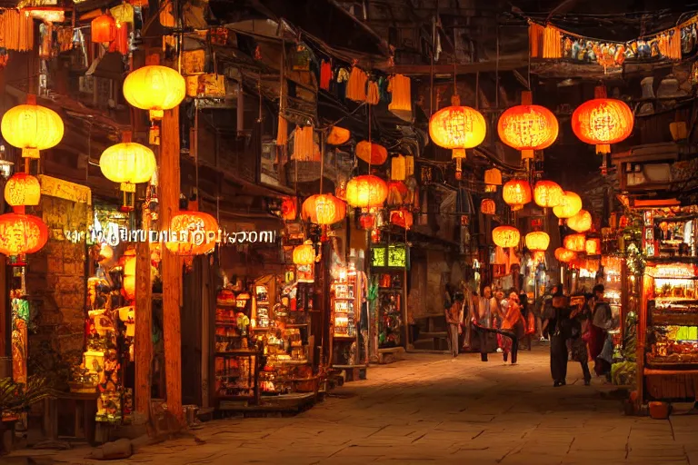 Prompt: Miniature of a rustic chinese street with shops, glowing lamps