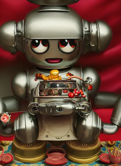 Image similar to highly detailed closeup portrait of a cute tin toy retro robot eating cakes, nicoletta ceccoli, mark ryden, lostfish, earl nore, hyung tae, frank frazetta, global illumination, god rays, detailed and intricate environment