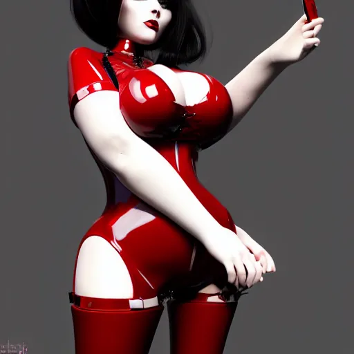 Prompt: a curvy feminine pale goth cutie with a thin waist in an elaborate red latex-leather-rubber tight neck-high outfit, cgsociety, photorealistic, sublime ambience, 16k, smooth, sharp focus, trending on ArtStation, volumetric lighting, fully clothed, worksafe