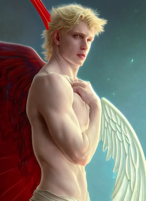 Image similar to the pale blond male angel of battle lucius smirking, sci fi, glowing eyes, volumetric lights, red and cyan theme, art nouveau botanicals, intricate, highly detailed, digital painting, artstation, concept art, smooth, sharp focus, cinematic, illustration, beautiful face, art by artgerm and greg rutkowski and alphonse mucha