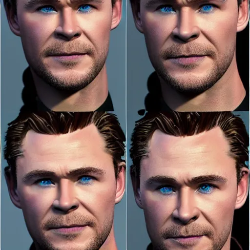 Image similar to Chris Hemsworth and Tom Hiddleston crossbreed, rendered in 3D by Xie Boli, trending on artstation, 4k, 8k, photorealistic imagery, photorealistic details, intricate, highly detailed